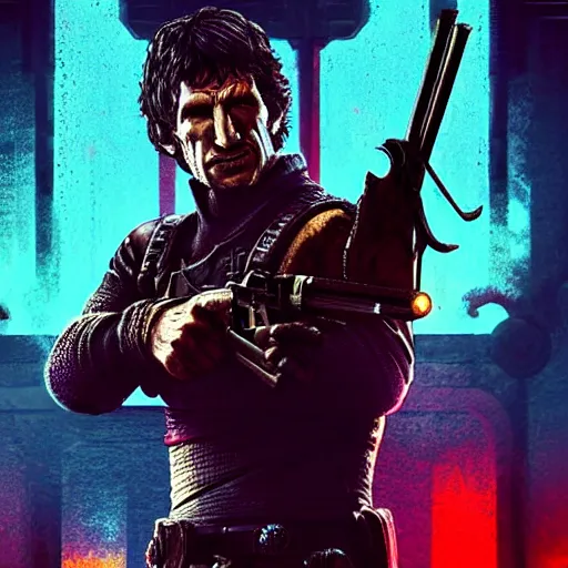 Image similar to todd howard with a pistol, forcing you to buy skyrim, threatening, sharp, cinematic, colorful, digital art, neon, bright, cyberpunk, blade runner 2 0 4 9, realism, bold