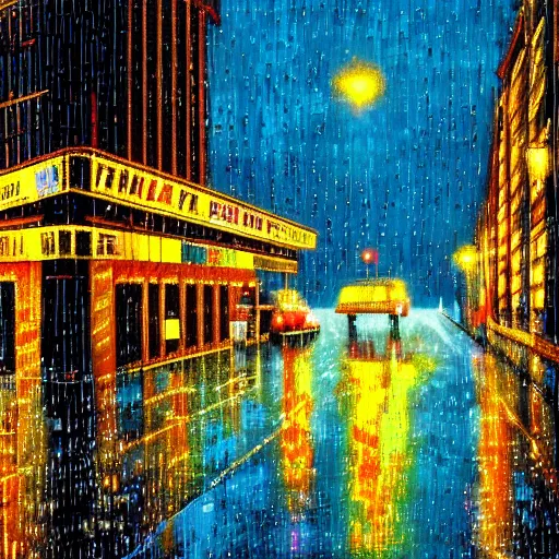 Image similar to pixelart rainy night in the city, reflections