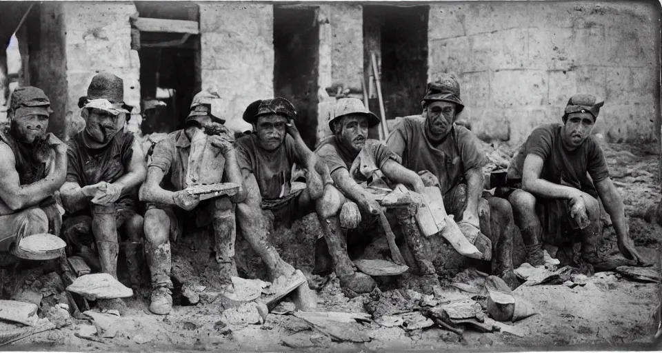 Prompt: wet plate photography, construction workers eating sandwiches on a lunch break from building the ancient pyramids, historical photograph, realistic faces, twilight