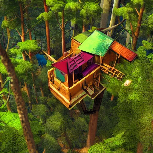 Image similar to hyper realistic adventure time treehouse, cyberpunk, aerial photograph, bright colours