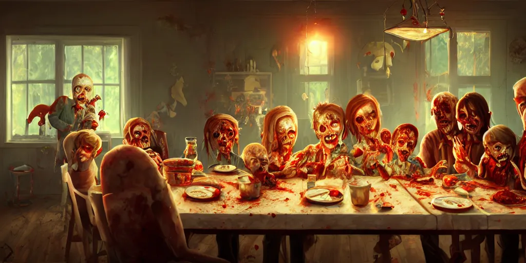 Image similar to a zombie family christmas diner, wide angle, super highly detailed, professional digital painting, artstation, concept art, smooth, sharp focus, no blur, no dof, extreme illustration, unreal engine 5, photorealism, hd quality, 8 k resolution, cinema 4 d, 3 d, beautiful, cinematic, art by wlop