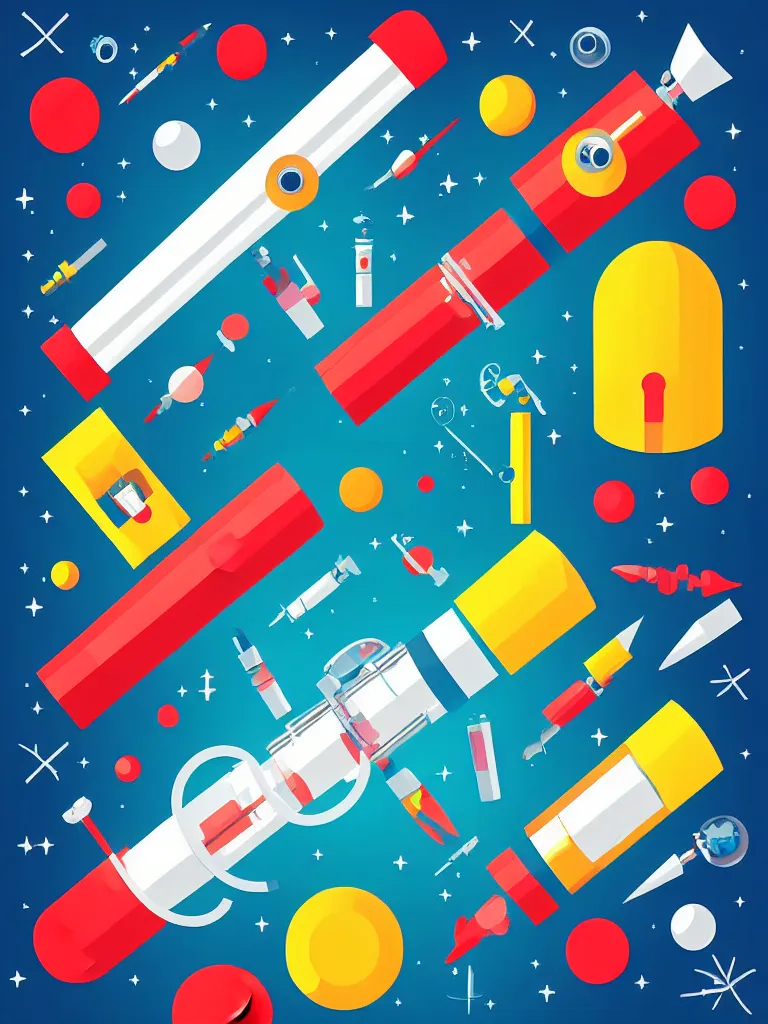 Image similar to editorial illustration scientific lab test tube telescope microscope spaceship, colorful modern, mads berg