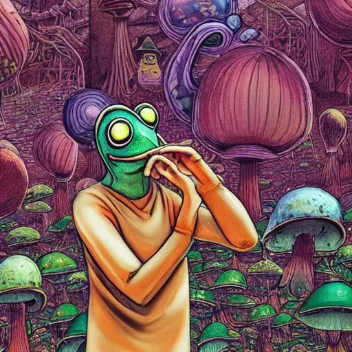 Image similar to A centered chest up portrait of a psychedelic godlike anthropomorphic frog smoking a hand-rolled cigarette , magic mushroom village in background . award winning. superb resolution. in the art style of junji Ito and greg rutkowski . Detailed Mushroom city in background. Hyper realistic anime. Perfect art. Dalle2