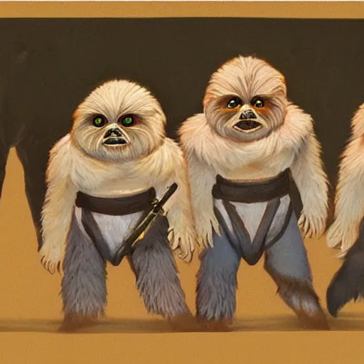 Prompt: a very high detailed painting of teek of the ewoks strar wars, small furry white creatures with pointed ears and glowing black eyes. Also, they had big teeth They like everything shiny and will do anything to get it