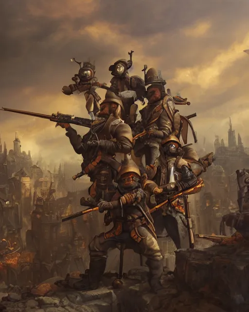 Image similar to oil painting of anthropomorphized hamster legion holding rifles, steampunk clothes, steampunk city background, sharp focus, fantasy style, octane render, volumetric lighting, 8k high definition, by greg rutkowski, highly detailed, trending on art Station, dungeons and dragons artwork, centered