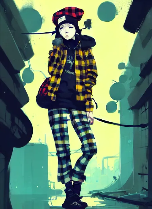 Image similar to highly detailed portrait of a sewer punk lady student, blue eyes, tartan hoody, hat, white hair by atey ghailan, by greg rutkowski, by greg tocchini, by james gilleard, by joe fenton, by kaethe butcher, gradient yellow, black, brown and cyan color scheme, grunge aesthetic!!! ( ( graffiti tag wall