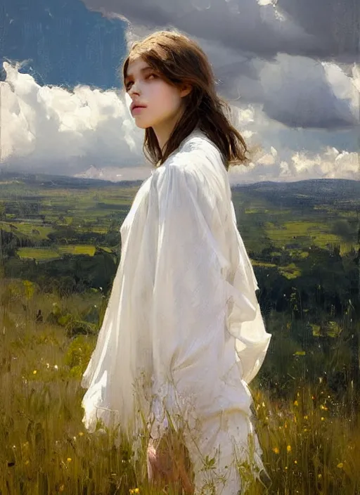 Image similar to portrait of girl dressed in white clothes , countryside, fantasy character portrait, dynamic pose, above view, view from above, sunny day, thunder clouds in the sky, artwork by Jeremy Lipkin and Giuseppe Dangelico Pino and Michael Garmash and rob rey, very coherent symmetrical artwork, perfect face, simple form, 100mm