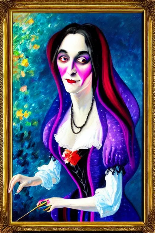 Image similar to impressionist brushstrokes!!!! lisa frank and bosch victorian loose genre loose painting full length portrait painting of a victorian vampire