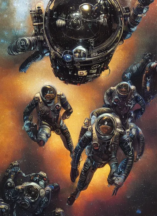 Image similar to astronauts in dark and empty void underwater - complex and hyperdetailed technical suit. reflection and dispersion materials. rays and dispersion of light. volumetric light. 5 0 mm, f / 3 2. noise film photo. flash photography. ultra realistic, wide angle. poster by wayne barlowe, hajime sorayama aaron horkey, craig mullins