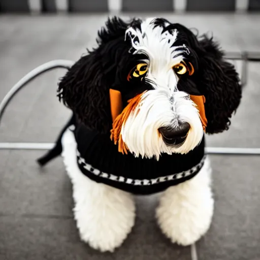 Image similar to a closeup photorealistic photograph of a cute smiling knitted bernedoodle judge dog dressed in a black gown, presiding over the courthouse. indoors, professional capture, well lit shot. this 4 k hd image is trending on artstation, featured on behance, well - rendered, extra crisp, features intricate detail, epic composition and the style of unreal engine.