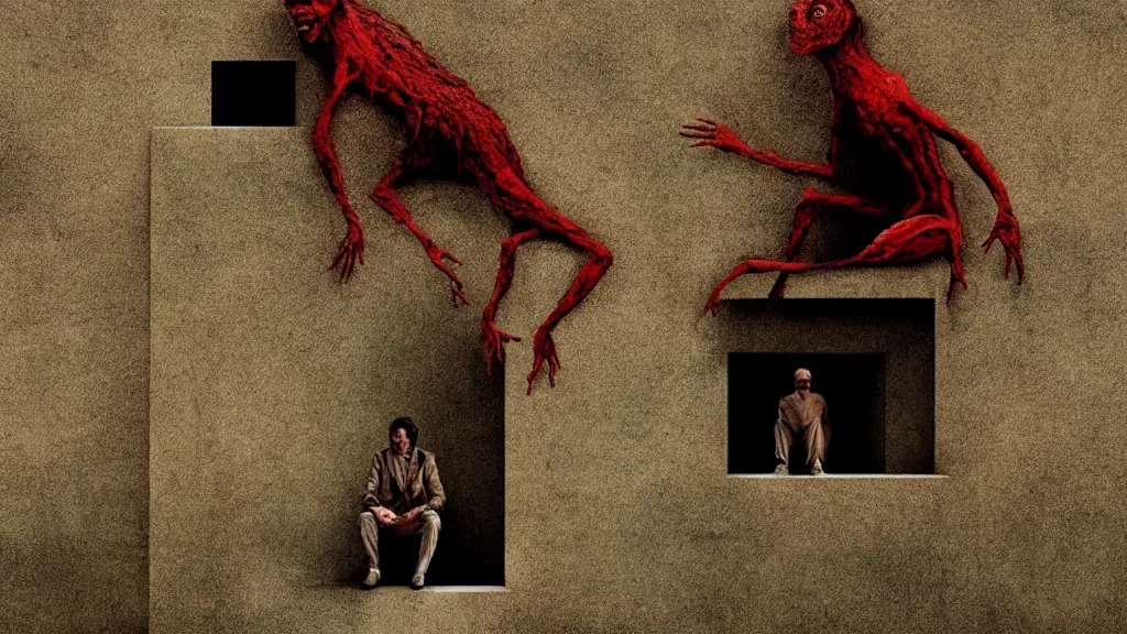 Image similar to the strange creature sits on the wall, made of blood, film still from the movie directed by Denis Villeneuve with art direction by Salvador Dalí, wide lens