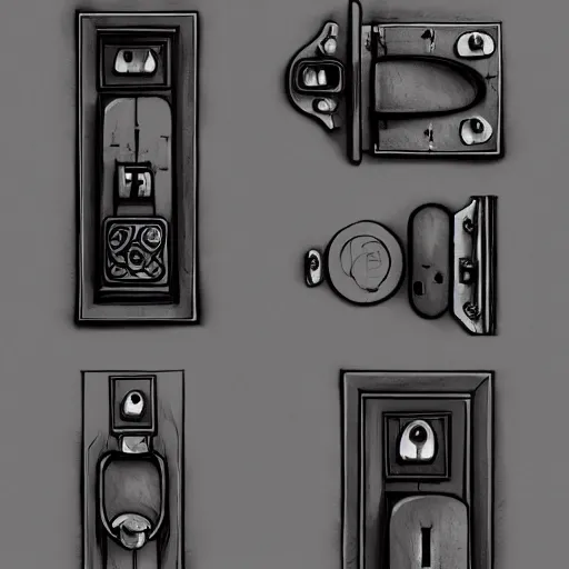 Prompt: tons of door latches leaning on floor of room, concept art, trending on artstation, highly detailed, intricate, sharp focus, digital art, 8 k