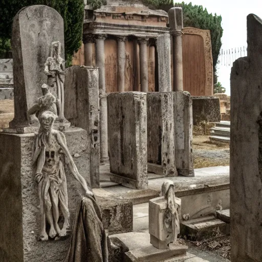 Prompt: Filmed photo of Rome necropolis, with satanic sculls