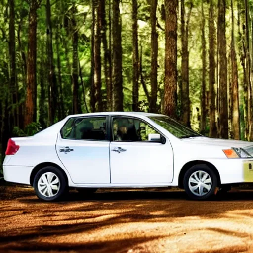 Prompt: color still of a 7 0 year old white woman driving a nissan sentra in a forest, bright sunny day,