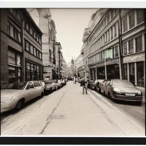 Prompt: low angle wideshot of Helsinki street, breathtaking polaroid photo,