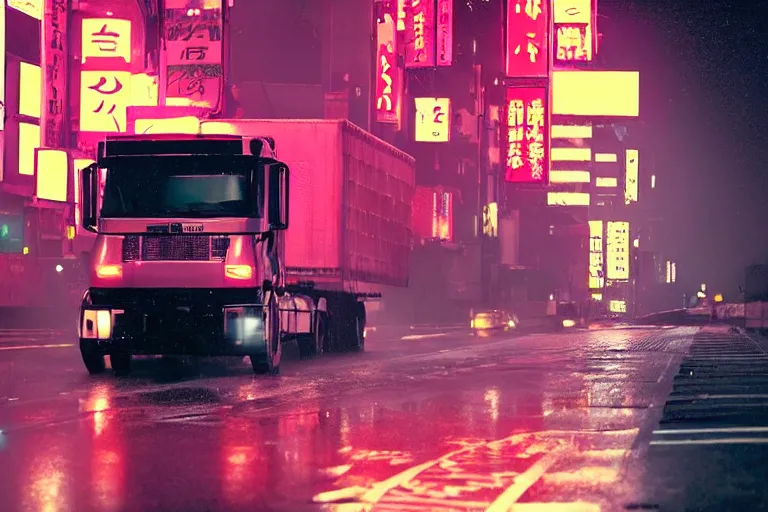 Image similar to a single semi truck, dekotora, speeding down tokyo highway in the rain, night time, neon lights, thunderstorm, movie still from the film bladerunner