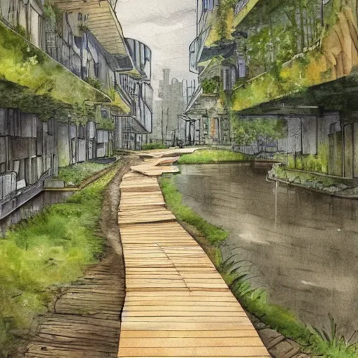 Prompt: Wooden footpath next to narrow canal between sci-fi buildings in beautiful overgrown futuristic sci-fi city in harmony with nature. Nice colour scheme, soft warm colour. Beautiful detailed watercolor by Lurid. (2022)
