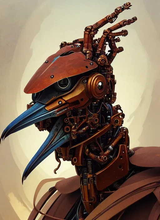 Image similar to portrait of rusty anthropomorphic mecha - boat - billed heron shady dealer, intricate, elegant, highly detailed animal monster, digital painting, artstation, concept art, smooth, sharp focus, illustration, art by artgerm and greg rutkowski and alphonse mucha, 8 k