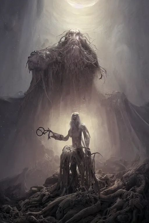 Image similar to a necromancer with a staff casts a spell that reveals the secret of life the universe and everything, dirty linen robes, staff of bones, grizzled bearded withered man by jessica rossier and hr giger