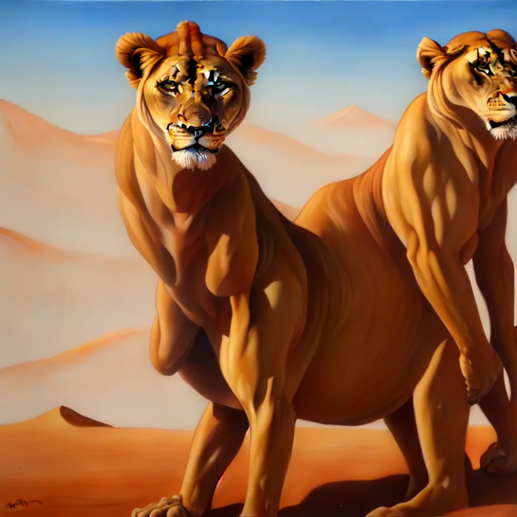 Prompt: anthromorphic lioness, desert, oil on canvas, artstation, a detailed matte painting