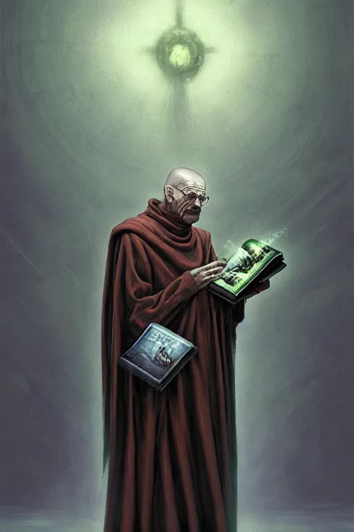 Image similar to painting of walter white as a cloaked tech priest holding a book, adeptus mechanicus!, cybernetic enhancements attached to his body, praise the omnissaiah, zdzislaw beksinski, lewis jones, mattias adolfsson, warhammer 4 0 k!!, cold hue's, warm tone gradient background, concept art, digital painting