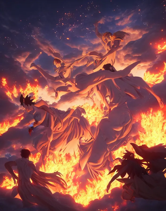 Image similar to fallen angels cast out of heaven by yusuke murata and makoto shinkai, fireballs, smoke, embers, meteors, angels, god rays, 8k, cel shaded, unreal engine, featured on artstation, pixiv