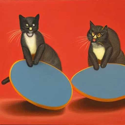 Prompt: two cats playing ping pong on orange background, oil painting