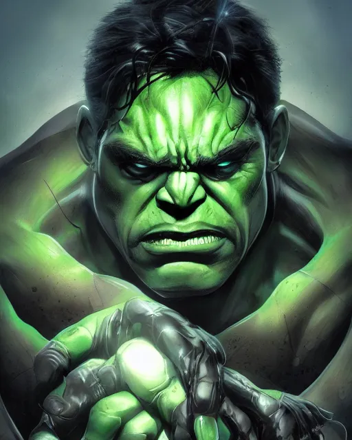 Image similar to hulk symbiote dynamic lighting, fantasy concept art, trending on art station, stunning visuals, creative, cinematic, ultra detailed, comic strip style