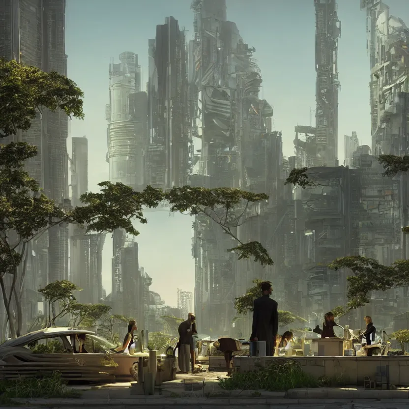 Image similar to a cinematic composition depicting : we're overlooking a cyberpunk civilization with overgrown buildings by santiago calatrava, where a solarpunk tribe is peacefully collaborating with their android helpers and bright green computer screens, octane render, hyperrealistic, at sunrise, by edward hopper