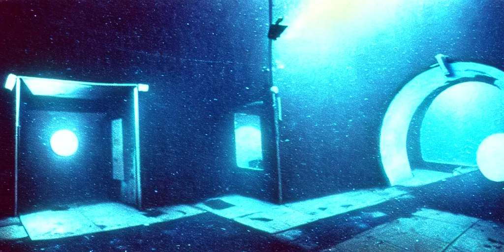 Image similar to 1 9 7 0 s underwater footage of a portal at the end of a tokyo alley, non - euclidean, neon lights, ektachrome photograph, volumetric lighting