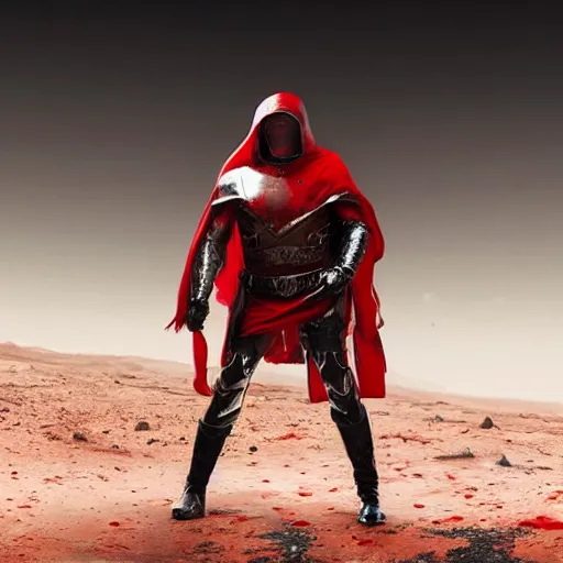Prompt: a tall muscular soldier, wearing blood - spattered glossy sleek white dinged scuffed armor and a long torn red cape, heroic posture, battle - weary, strained expression, determined expression, no helmet, on the surface of mars, dramatic lighting, cinematic, sci - fi, hyperrealistic, detailed