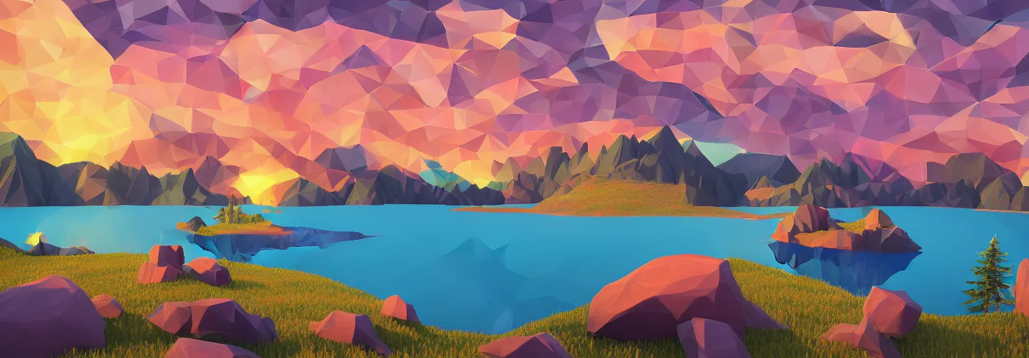 Image similar to super detailed color lowpoly art, northern sunset with rocks on front, blured monochromic lake in the middle of perspective and mountains at background, graphic reindeers in random points, unreal engine, david hockney color palette, 3d render, lowpoly, colorful, digital art