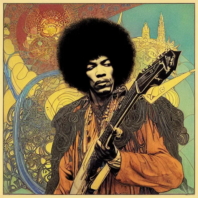 Prompt: vintage record cover by Franklin Booth and Edmund Dulac showing a portrait of Jimi Hendrix as a futuristic space shaman, Alphonse Mucha background, futuristic electric guitar, star map, smoke, platonic solids