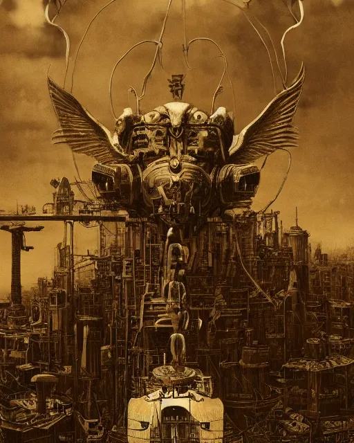 Prompt: dieselpunk baphomet in town, vintage old, sepia, retrofuturism sci - fi old movie, highly detailed, photorealistic, 8 k, by beksinski and stalenhag