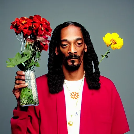 Image similar to Snoop Dogg holding a Vase of flowers for a 1990s sitcom tv show, Studio Photograph, split lighting, portrait, C 12.0