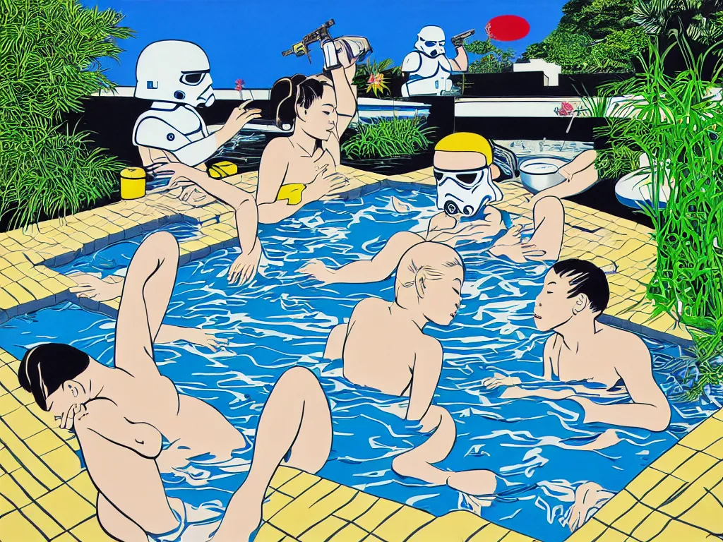 Image similar to hyperrealism composition of the japanese house with a hot springs in the garden, two detailed stormtroopers bathe in a hot spring, pop - art style, jacky tsai style, andy warhol style, roy lichtenstein style, acrylic on canvas