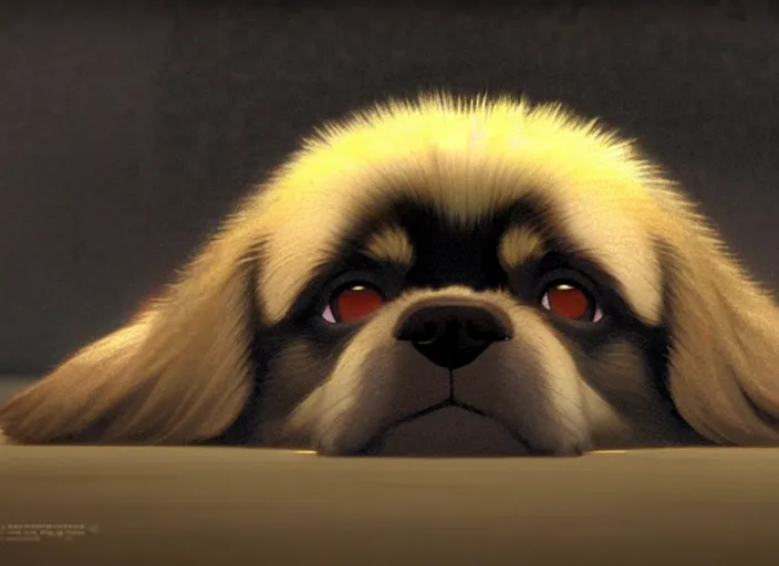 Prompt: a wholesome animation key shot of a black tibetan spaniel, laying down, sad, on a wet tokyo street, studio ghibli, pixar and disney animation, sharp, rendered in unreal engine 5, anime key art by greg rutkowski, bloom, dramatic lighting