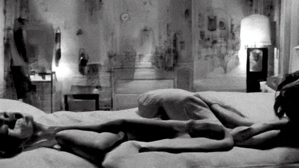 Prompt: movie still of having sleep paralysis, cinematic composition, cinematic light, criterion collection, by dario argento