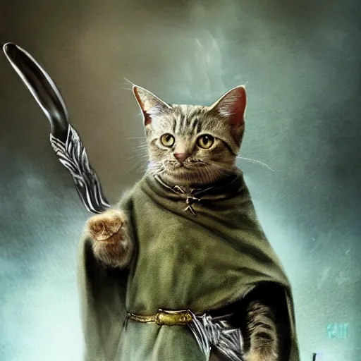 Prompt: if cats were lord of the rings characters, lotr, cats, cats dressed in lotr costumes, hobbits, gandalf, elves, dwarves, 4 k, hyper realistic, artstation