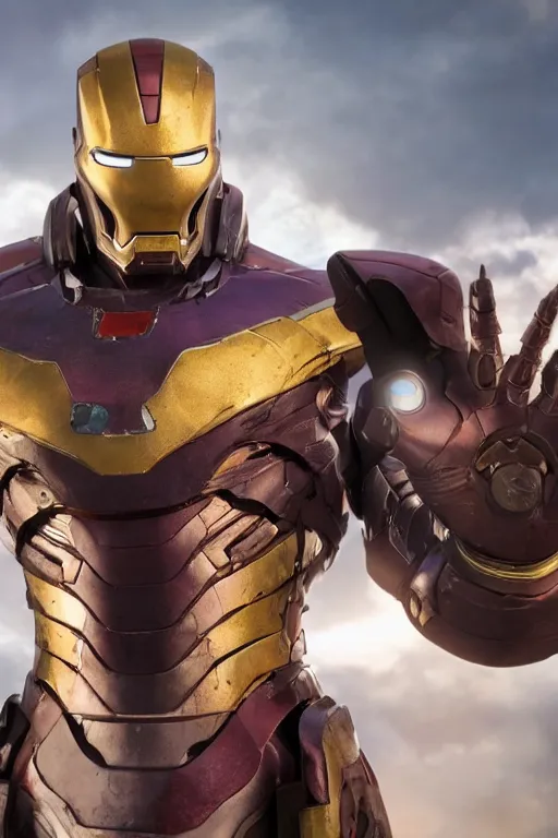 Image similar to thanos in a damaged and broken iron man suit, cinematic, volumetric lighting, f 8 aperture, cinematic eastman 5 3 8 4 film, photorealistic