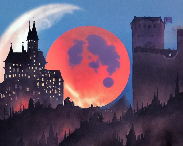 Prompt: dracula's castle rising up from the mist at night silhouetted by a single huge bloodmoon by dc comics and sandra chevrier