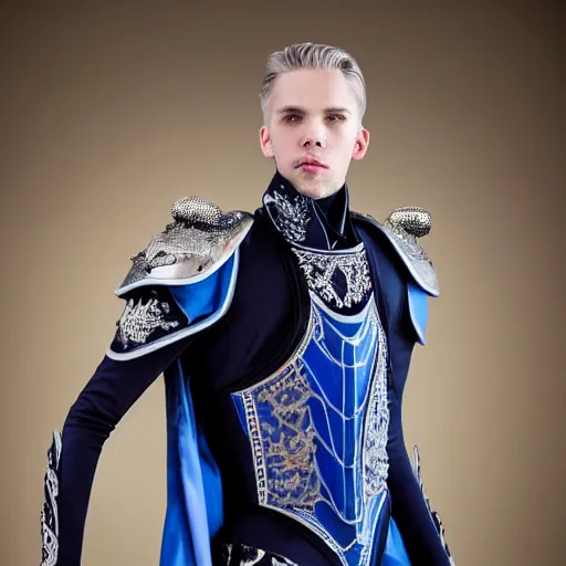 Image similar to low angle upper view of Austin Butler dressed in futuristic-baroque prussian blue duelist-garb and nanocarbon-vest and greaves, standing in an arena in Dune 2020, XF IQ4, f/1.4, ISO 200, 1/160s, 8K, RAW, unedited, symmetrical balance, face in-frame