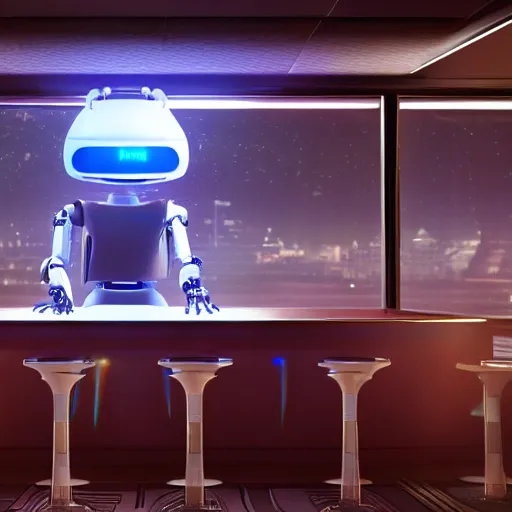 Prompt: lonely barmen human - like robot sitting in the futuristic bar and looking in the huge window where he see enoughromous city on the spaceship and flying cars, 8 k, hyperrealistic, unreal engine, extreme detailes, 4 k, high resolution, cinematic, unreal engine 5