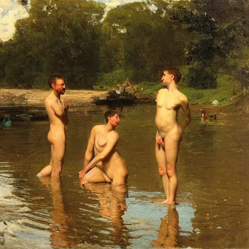 Image similar to oil painting by thomas eakins depicting a group of young men bathing at a swimming hole in rural england, 1 8 6 2, golden hour