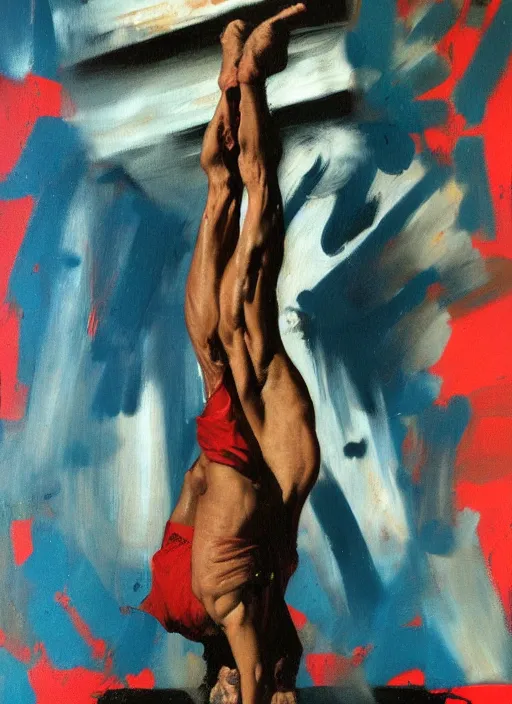 Image similar to pauly shore handstand, painting by phil hale, fransico goya,'action lines '!!!, graphic style, visible brushstrokes, motion blur, blurry, visible paint texture, crisp hd image