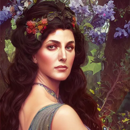 Image similar to ultra realistic illustration, deanna troi as persephone, intricate, elegant, highly detailed, digital painting, artstation, concept art, smooth, sharp focus, illustration, art by artgerm and greg rutkowski and alphonse mucha