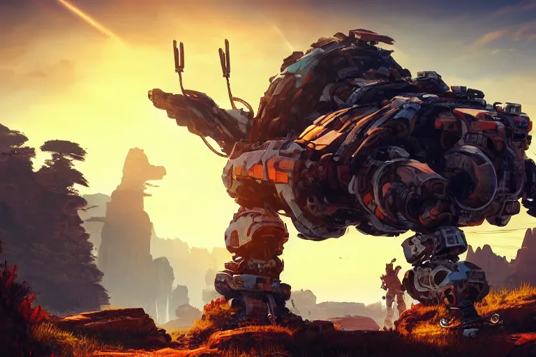 Image similar to rockbreaker machine mecanical creature robot of horizon forbidden west horizon zero dawn radiating a glowing aura global illumination ray tracing hdr fanart arstation by ian pesty and alena aenami artworks in 4 k