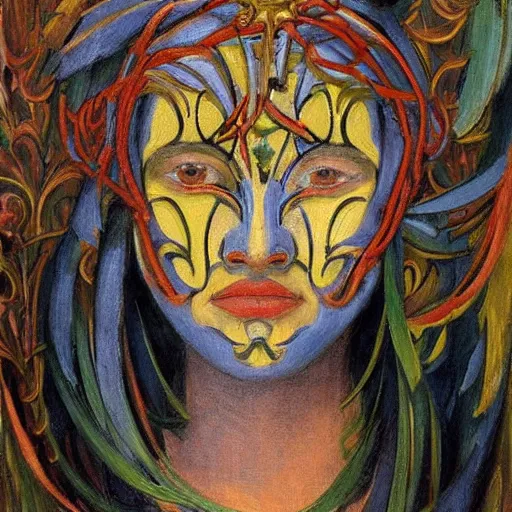 Prompt: masterpiece painting of a facemask made of stylized flowers, by annie swynnerton and jean delville and tino rodriguez and john watkiss, flower mask, art deco shaman, art brut, symbolist, dramatic lighting, god rays, elaborate geometric ornament, clean crisp graphics, soft cool colors, smooth, sharp focus, extremely detailed