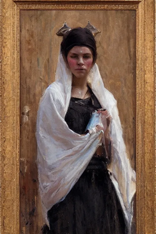 Prompt: Richard Schmid and Jeremy Lipking full length portrait painting of a young beautiful woman bible priestess in elaborate costume