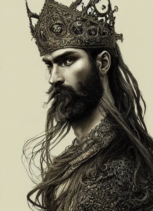 Prompt: portrait of a young giant slavic king wearing a crown helmet with long tangles of beautiful black hair and beard, sharp eyes, hyper realistic face, fantasy art, greg rutkowski, intricate, alphonse mucha, hyper detailed engraving, concept art, elden ring, illustration, smooth, sharp focus, by gustave dore and greg rutkowski